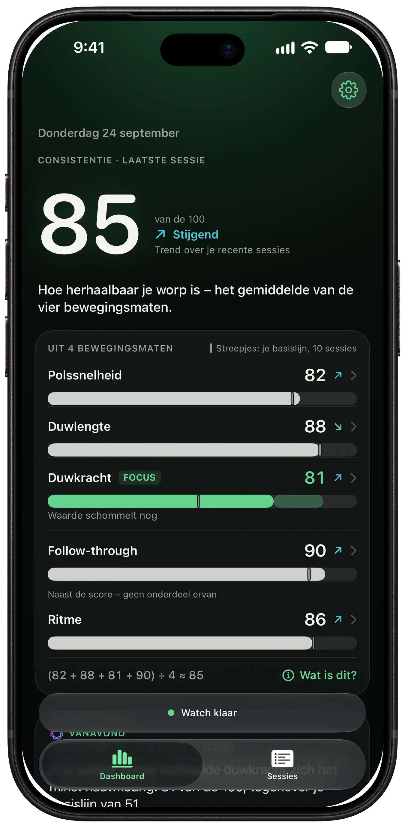 Het ThrowKit-dashboard op de iPhone: de consistentiescore, de trend en de vijf meetwaarden – polssnelheid, duwlengte, duwkracht, follow-through en ritme
