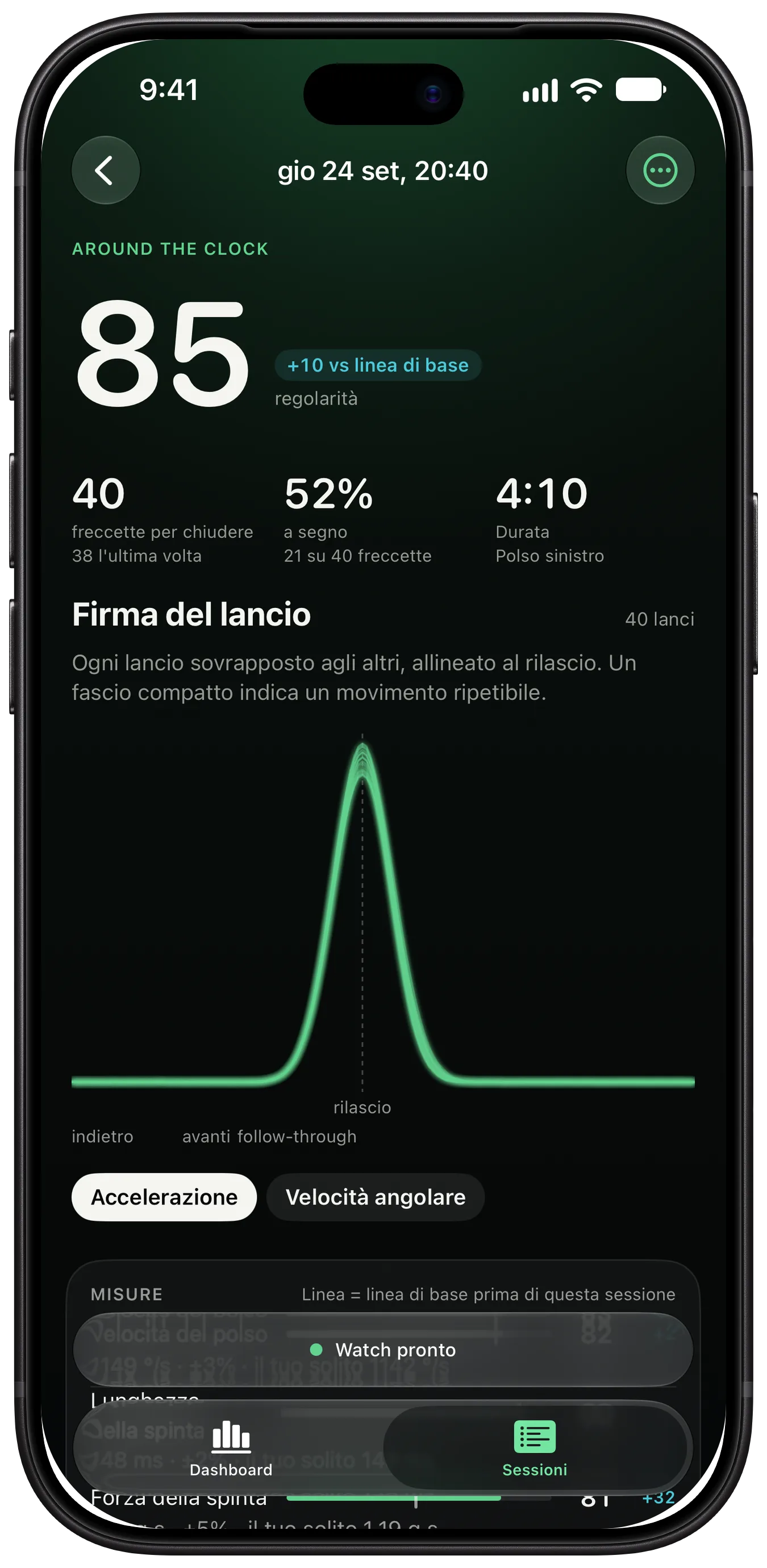 Una sessione ThrowKit su iPhone: un giro di Around the Clock con la sua regolarità, le freccette fino alla fine e la firma del lancio, tutti i lanci sovrapposti