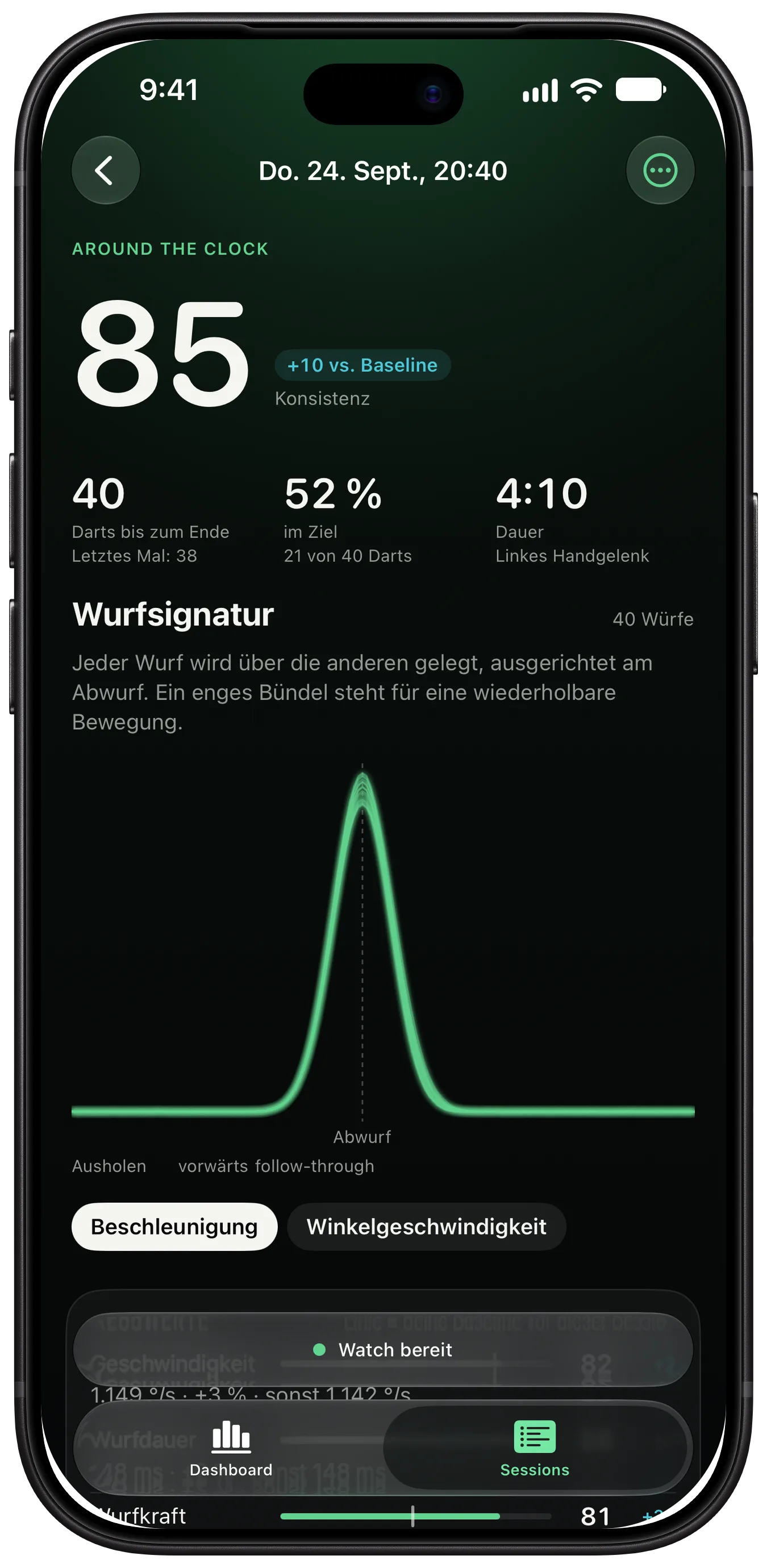 Eine ThrowKit-Session auf dem iPhone: eine Runde Around the Clock mit Konsistenz, Darts bis zum Ziel und der Wurfsignatur, alle Würfe übereinandergelegt