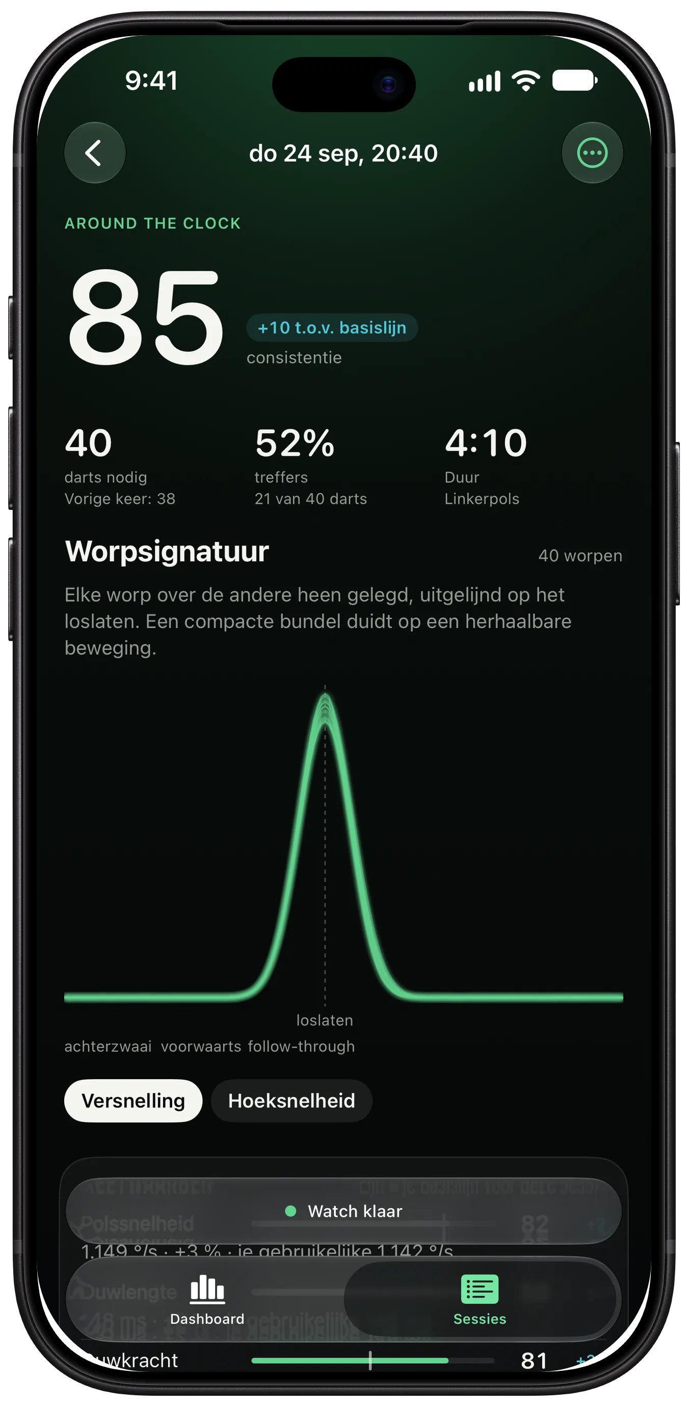 Een ThrowKit-sessie op de iPhone: een ronde Around the Clock met consistentie, darts tot de finish en de worpsignatuur, alle worpen over elkaar heen gelegd
