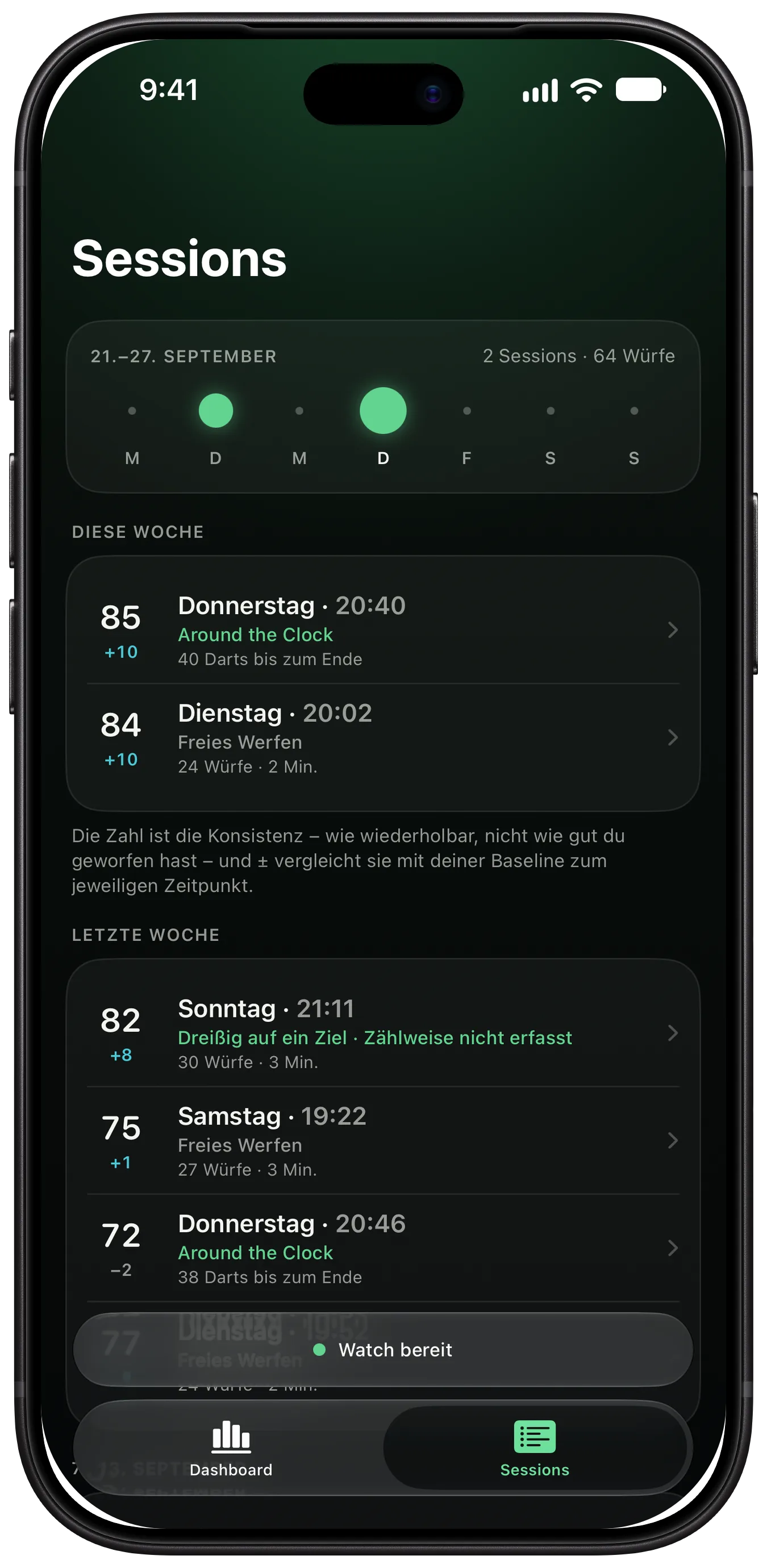 Die Session-Liste von ThrowKit auf dem iPhone, nach Wochen sortiert, mit Konsistenz und Übung jeder Session