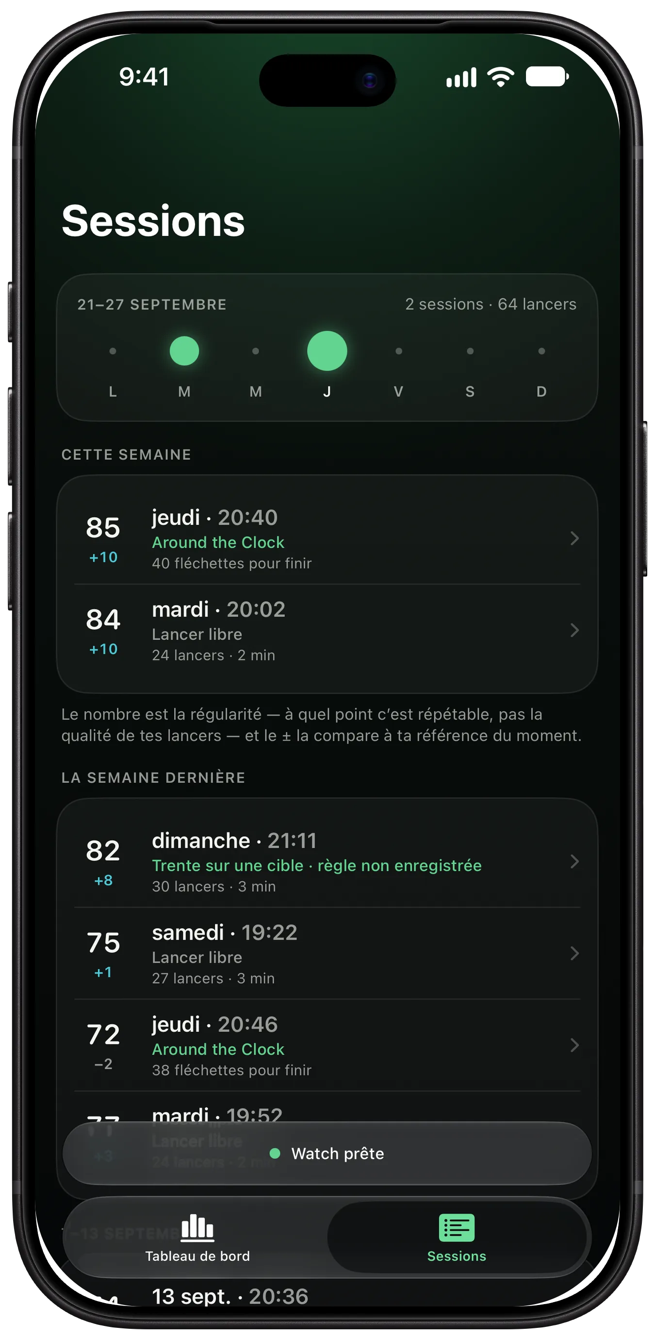 La liste des séances ThrowKit sur iPhone, regroupées par semaine, avec la régularité et l’exercice de chaque séance