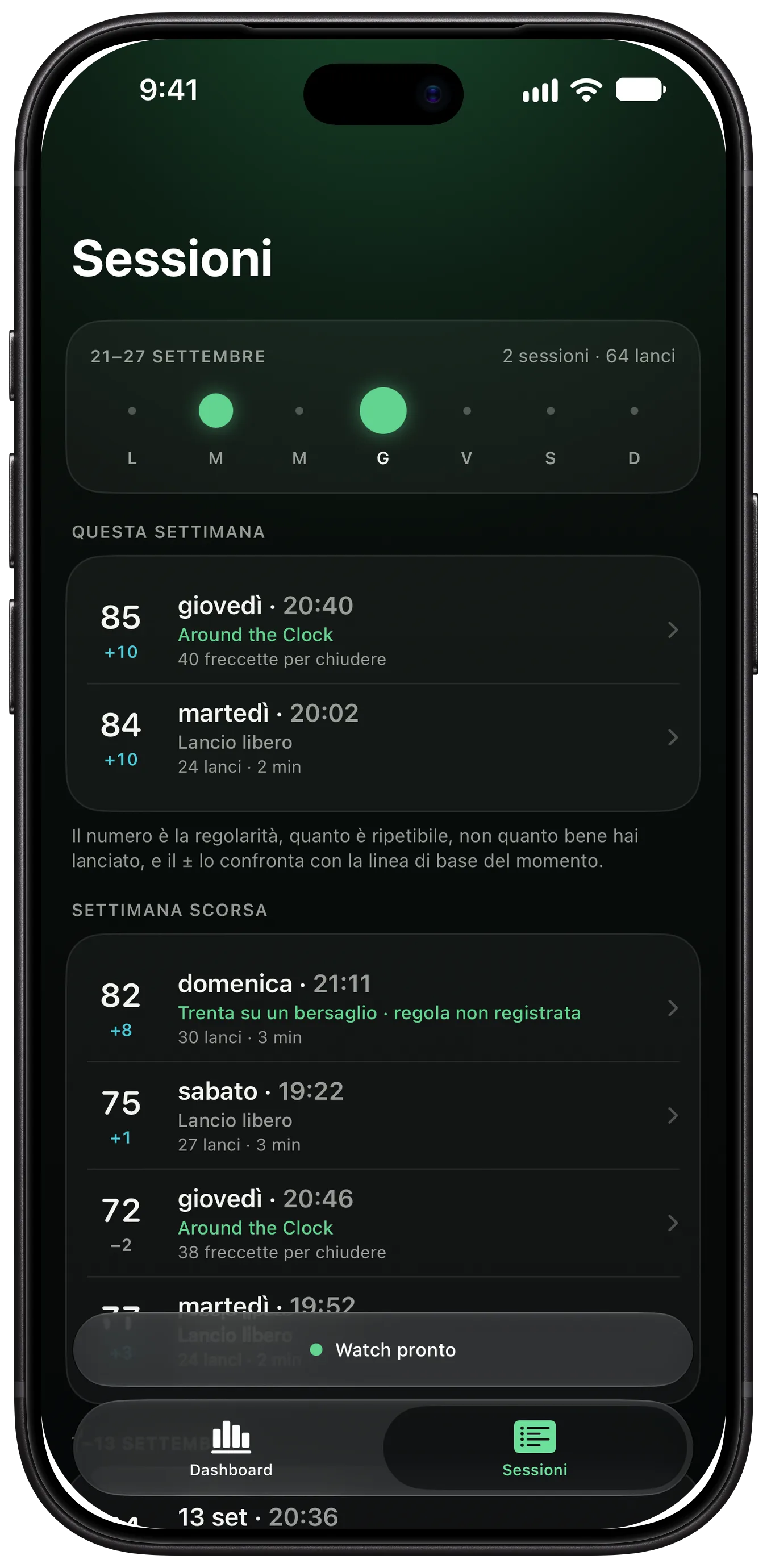 L’elenco delle sessioni ThrowKit su iPhone, raggruppate per settimana, con la regolarità e l’esercizio di ogni sessione