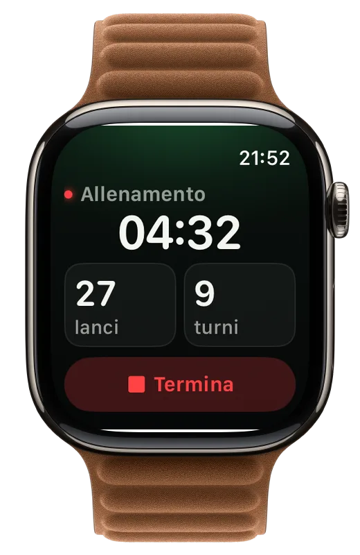 ThrowKit su Apple Watch durante la registrazione: tempo della sessione, tiri e volate