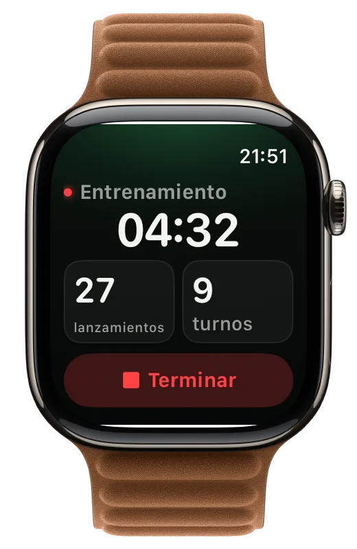 ThrowKit en el Apple Watch durante la grabación: tiempo de sesión, tiros y tiradas