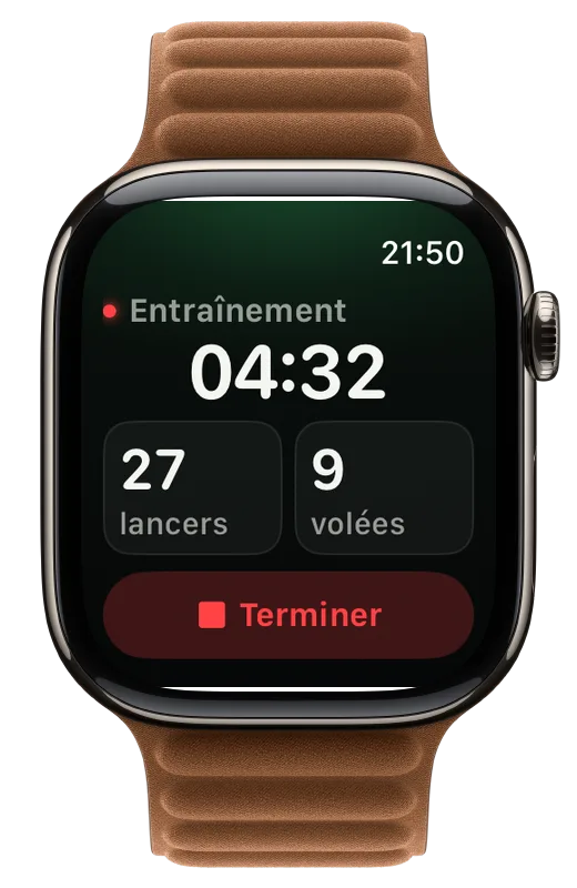 ThrowKit sur l’Apple Watch pendant l’enregistrement : durée de la séance, lancers et volées