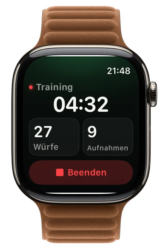 ThrowKit auf der Apple Watch während der Aufzeichnung: Zeit, Würfe und Aufnahmen