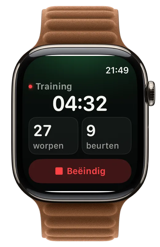 ThrowKit op de Apple Watch tijdens het opnemen: sessietijd, worpen en beurten